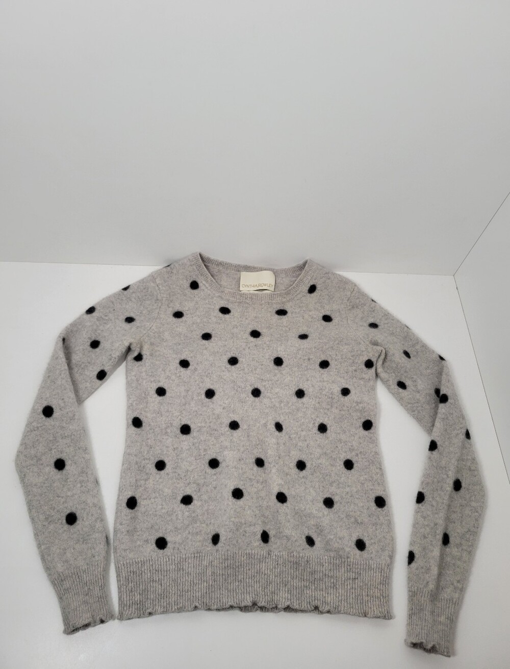 Cynthia Rowley 100% 2 Ply Cashmere Gray Black Polka Dot Crewneck Sweater Girls S